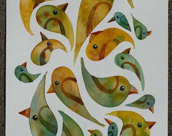 Green Gold Bird Drips original watercolor painting