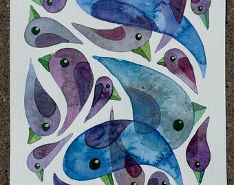 Cool Bird Drips original watercolor painting