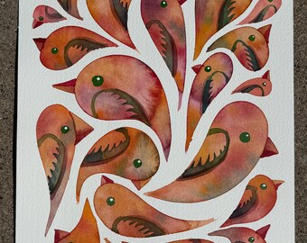 Autumn Bird Drips 8 original watercolor painting