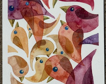 Autumn Bird Drips original watercolor painting