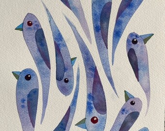 Winter Bird Drips original watercolor painting