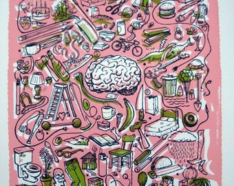 May include: A pink background with a variety of colorful illustrations of everyday objects, including a brain, a ladder, a toilet, a bed, a banana, a fish, a guitar, a hammer, a spoon, a wrench, a pair of scissors, a toaster, a hamburger, a cup of coffee, a lightbulb, a pair of glasses, a house, a stool, a pair of pants, a pair of shoes, a Rubik's cube, a chicken leg, a paint can, a pumpkin, a palm tree, and a lightning bolt. The text "Out of Bounds, Off the Map" is at the bottom of the image.