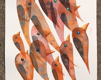Autumn Bird Drips original watercolor painting