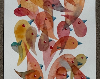 Autumn Bird Drips 4 original watercolor painting