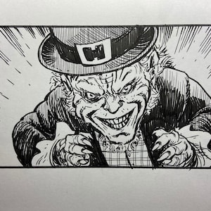 May include: A black and white illustration of a leprechaun with a mischievous grin, wearing a hat with a shamrock design. The leprechaun is drawn in a comic book style with exaggerated features.