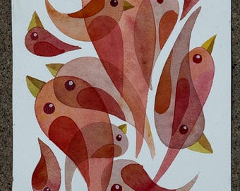 Rose Colored Bird Drips original watercolor painting