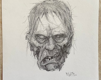 Zombie head original pencil drawing