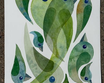 Fresh Green Bird Drips original watercolor painting