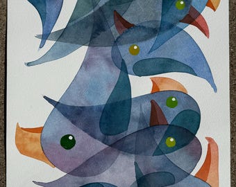 Cool Blue Bird Drips 3 original watercolor painting