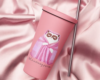 Cute insulated tumbler with a straw for cat lovers. A perfect gift for cat person.