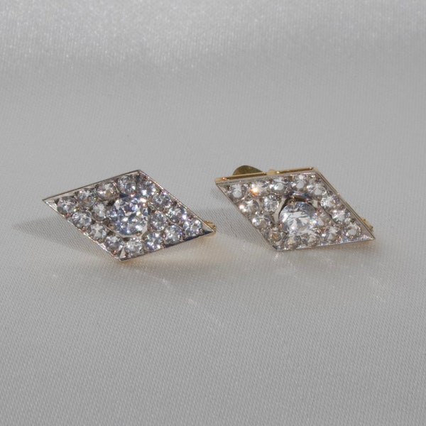 Vintage Diamond Shaped Earrings in White + Yellow Gold with Zirconias  | 18K Gold