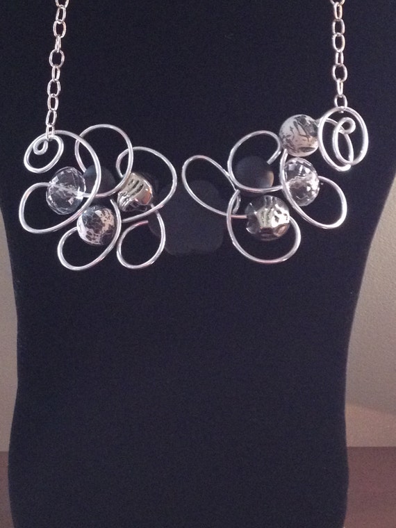 Items similar to Fun Funky Free Form Silver Necklace with Black, Silver