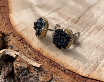 Tiny 8mm black and gold druzy stud earring with stainless steel posts
