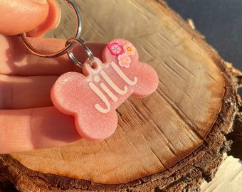 Light Pink Flower Dog Tag| Personalized Custom Dog Tag| Handmade Resin Dog Tag| Puppy Name Tag| Pet ID Tags| Personalized Resin Dog Tag