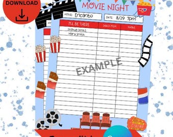 Hoja de inscripción para la noche de cine / Descarga instantánea en PDF - Plantilla editable en Canva