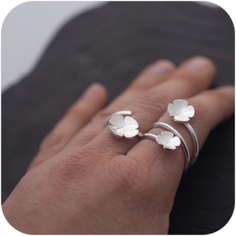 Double Lucky Clover Ring Sterling Silver Four-leaf Clover Open Wrap Ring image 5