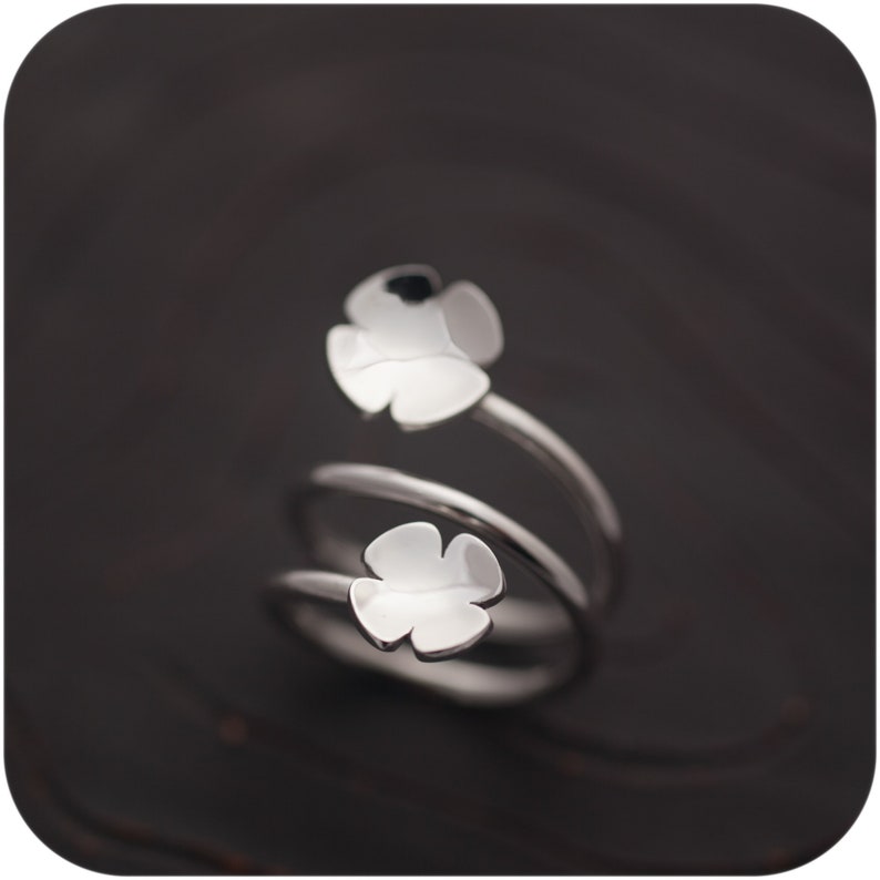 Double Lucky Clover Ring Sterling Silver Four-leaf Clover Open Wrap Ring image 2