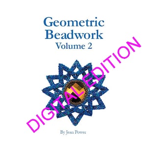 May include: Geometric Beadwork Volume 2 digital edition book cover featuring a blue and gold beaded starburst design. By Jean Power.