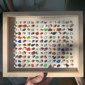 May include: A framed artwork featuring a collection of small sea shells and sea glass arranged in a grid pattern. The shells and glass are in various colours, including white, brown, green, blue, and red.