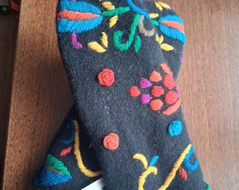 Black and Brights with Cranberry Embroidered  Upcycled Wool Sweater Mittens