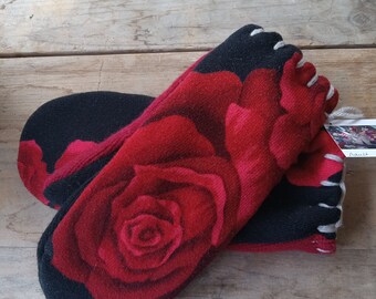 Roses in the Snow Upcycled Wool Sweater Mittens