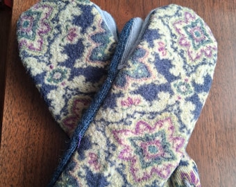 Blue and Purple Tapestry Look Upcycled Wool Sweater Mittens
