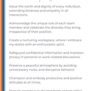 May include: A motivational poster with the text "TEAM MEMBER COMMITMENT I will" and a list of commitments for team members, including valuing the worth and dignity of every individual, acknowledging the unique role of each team member, creating a nurturing workspace, safeguarding confidential information, preserving a peaceful atmosphere, championing productive and positive attitudes, and remaining receptive to development opportunities. The poster has a blue and orange color scheme and the text "AVECCOEURHR.COM" at the bottom.