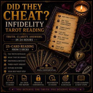 Did They Cheat? Infidelity Psychic Tarot Reading. 25 Cards, 5 Decks, 20+ Page PDF in 24h