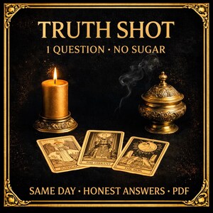 May include: A lit gold candle sits next to three tarot cards, with the text "JUSTICE", "THE FFERANT", and "THE SON". A decorative gold container and the text "TRUTH SHOT", "1 QUESTION • NO SUGAR", and "SAME DAY • HONEST ANSWERS • PDF" are also visible.