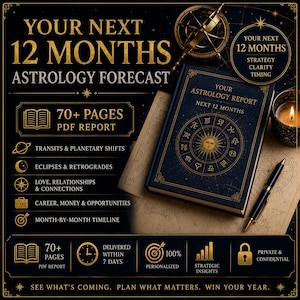 May include: A digital astrology forecast report titled Your Next 12 Months Astrology Forecast. The dark blue book cover features a gold sun and zodiac wheel. Text includes 70+ Pages PDF Report, Transits & Planetary Shifts, Eclipses & Retrogrades, Love, Relationships & Connections, Career, Money & Opportunities, and Month-by-Month Timeline.
