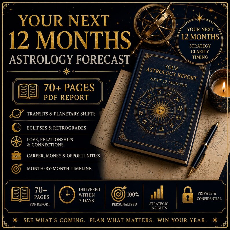 May include: A digital astrology forecast report titled Your Next 12 Months Astrology Forecast. The dark blue book cover features a gold sun and zodiac wheel. Text includes 70+ Pages PDF Report, Transits & Planetary Shifts, Eclipses & Retrogrades, Love, Relationships & Connections, Career, Money & Opportunities, and Month-by-Month Timeline.