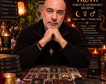 May include: A tarot and astrology reading service titled Forbidden Truth featuring 25 cards, 5 decks, and a 70+ page PDF. The display includes stacks of books labelled Tarot, Astrology, Shadow Work, Lilith, Mars, and Transformation, alongside candles, a black mug with text, and a notebook with the words Reflect, Release, Realign, Rise.
