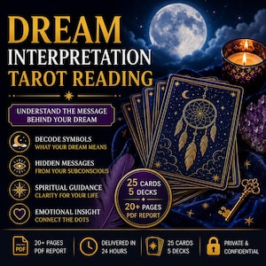 Interpretazione dei sogni con lettura psichica dei tarocchi. Significato, simboli, messaggi e chiarezza dei sogni. 25 carte, 5 mazzi, oltre 20 pagine in PDF, consegna in 24 ore.