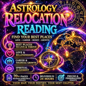 May include: A digital graphic titled Astrology Relocation Reading featuring a golden compass, a glowing Earth with location pins, and a zodiac wheel. Text includes Find Your Best Places, Love, Career, Money, Growth, and 70+ Pages Detailed Astrological Guidance.