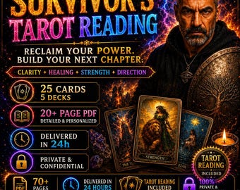 May include: A digital graphic for a Survivor's Tarot Reading featuring a bearded person, tarot cards, and text including: Reclaim your power. Build your next chapter. Clarity, Healing, Strength, Direction. 25 cards, 5 decks, 20+ page PDF, delivered in 24h.