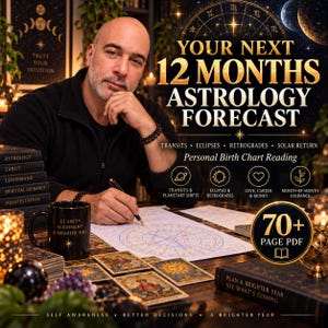 May include: A digital astrology forecast service featuring a 70+ page PDF guide. The text reads: YOUR NEXT 12 MONTHS ASTROLOGY FORECAST, Personal Birth Chart Reading, Transits, Eclipses, Retrogrades, Solar Return, and Clarity Alignment A Brighter You.