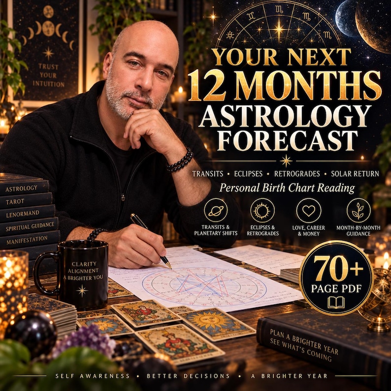 May include: A digital astrology forecast service featuring a 70+ page PDF guide. The text reads: YOUR NEXT 12 MONTHS ASTROLOGY FORECAST, Personal Birth Chart Reading, Transits, Eclipses, Retrogrades, Solar Return, and Clarity Alignment A Brighter You.
