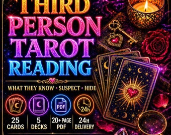 May include: A digital graphic for a Third Person Tarot Reading featuring the text WHAT THEY KNOW, SUSPECT, HIDE, JEALOUSY, SECRETS, TRIANGLE DYNAMICS. Includes icons for 25 cards, 5 decks, 20+ page PDF, and 24h delivery, with tarot cards, a key, and a candle.