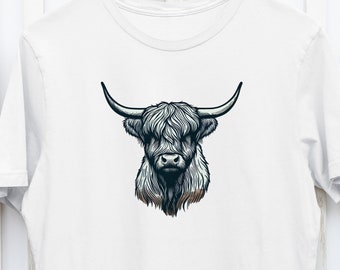 Highland Kuh, haarige Kuh, pelziges Rind, schottische Kuh, Kuh mit Hörnern, Ochse, Tier-T-Shirt