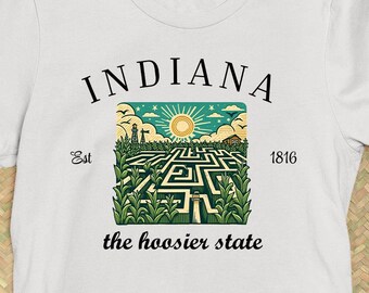 Indiana el estado de Hoosier, EN laberinto de maíz, granjas de Indiana, EN Hoosiers, historia del estado de Indiana, camiseta con eslogan del estado