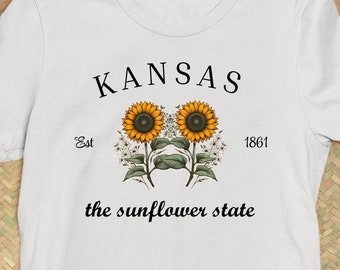 Kansas el estado del girasol, girasoles KS, plantación de girasoles, historia del estado, camiseta con lema del estado de Kansas