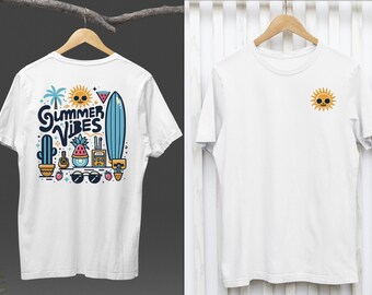 Camiseta con estampado de vibraciones de verano, surfista, sol, verano en la parte delantera y trasera
