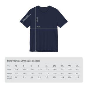 Pode incluir: Uma tabela de tamanhos para camisetas Bella+Canvas 3001, mostrando as medidas em polegadas para largura, comprimento e comprimento da manga para os tamanhos XS a 5XL.
