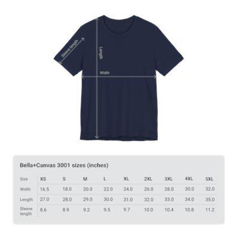 Pode incluir: Uma tabela de tamanhos para camisetas Bella+Canvas 3001, mostrando as medidas em polegadas para largura, comprimento e comprimento da manga para os tamanhos XS a 5XL.