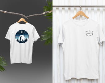 Cuando está oscuro, mira las estrellas, celestial, texto en latín, frase de estrella en latín, espacio, luna, sol y estrellas camiseta gráfica