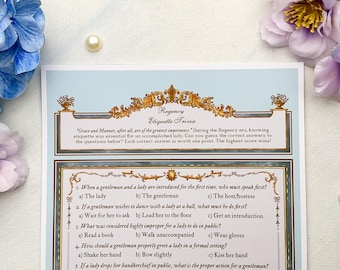 Regency Etikette Quiz | Jane Austen inspiriert Partyspiel | Brautparty Spiel | Hochzeit Duschspiel