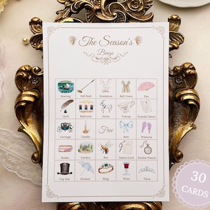 K&ouml;nnte beinhalten: Eine dekorative Bingo-Karte mit dem Titel "The Season's Bingo" mit Illustrationen verschiedener Gegenst&auml;nde wie einer Kutsche, einer Teetasse und einem Zylinder. Die Karte hat ein florales Design und enth&auml;lt den Text "30 CARDS".