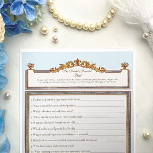 Jeu de fête pour la douche nuptiale The Bride&#39;s Scandal Sheet inspiré des Bridgerton