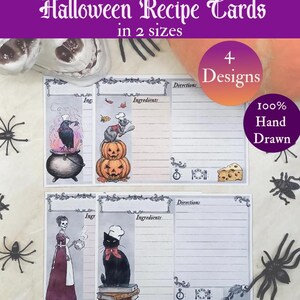 Cartões de Receitas de Halloween | Estilo Gótico Vintage Assustador | Inspirado em Jane Austen | Gato Cozinhando | Corvo | Rato | Senhora com Bule