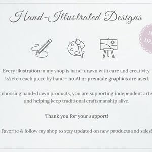 K&ouml;nnte beinhalten: Helle Grafik mit dem Text "Hand-Illustrated Designs" und drei kleinen Illustrationen: ein Bleistift, eine Farbpalette mit Pinsel und ein Gem&auml;lde auf einer Staffelei. Der Text besagt auch, dass jede Illustration handgezeichnet ist.